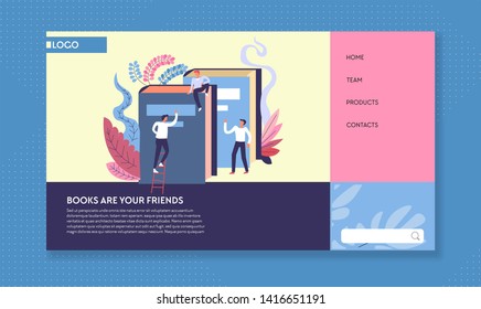 Reading online web page template library books and readers vector literature archive education and knowledge novels and scientific encyclopedias learning and research Internet site mockup storage