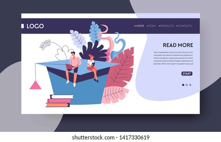 Reading online web page template library books pile and academic hat vector literature archive readers or students education and knowledge novels and encyclopedias learning Internet site mockup