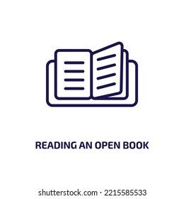 Lesen eines offenen Buchsymboles aus der Bildungskollektion. Dünne lineare Lektüre eines offenen Buches, Studium, Buchumriss Symbol einzeln auf weißem Hintergrund. Line Vektor, der ein offenes Buchzeichen liest, Symbol für Web und 