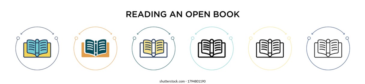 Reading an open book icon in filled, thin line, outline and stroke style. Vector illustration of two colored and black reading an open book vector icons designs can be used for mobile, ui, web