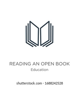 Reading an open book icon. Thin linear reading an open book outline icon isolated on white background from education collection. Line vector sign, symbol for web and mobile