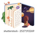 Reading opens world perspective concept. Kid read book imagine cosmos. Reader child person learning look through book page at universe. Literature knowledge, education, imagination vector illustration