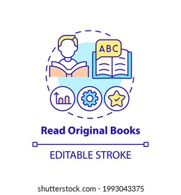 Reading Original Books Concept Icon. Learning Language Tip Idea Thin Line Illustration. Building Vocabulary. Prevention Cognitive Decline. Vector Isolated Outline RGB Color Drawing. Editable Stroke