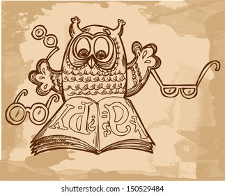 Reading owl with book  and glasses