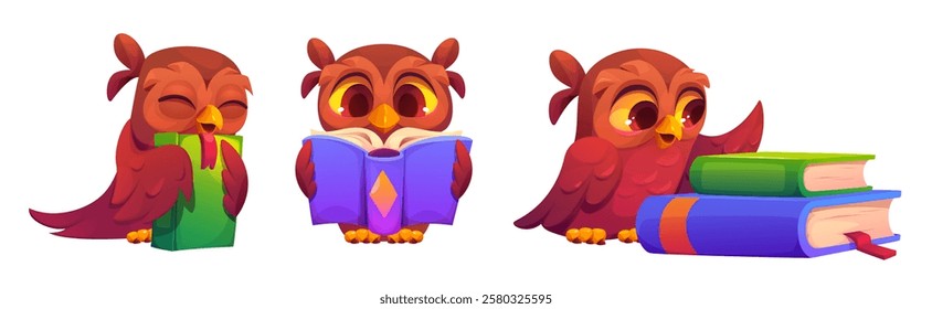 Reading owls set isolated on white background. Vector cartoon illustration of smart brown bird hugging book, looking at literature stack, school education animal mascot, symbol of knowledge and wisdom