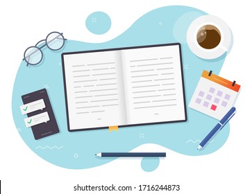 Reading paper book on desktop learning table vector top view or education desk and study open textbook above workplace flat cartoon, concept of schoolbook or notebook and notepad modern trendy design