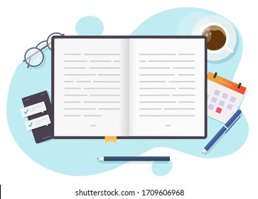 Reading paper book vector top view on table desk or learning and study open textbook above workplace desktop flat cartoon, education concept or writing modern trendy design