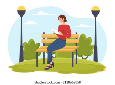 Reading in park abstract concept. Young woman with digital tablet sitting on bench and reading interesting literature or novel. Relaxation and outdoor recreation.. Cartoon flat vector illustration