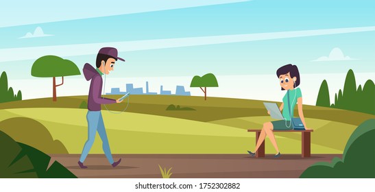 Reading in park. Boy walk on nature, girl sitting on bench with book vector illustration