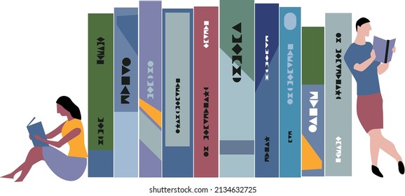 Reading People As Bookends For A Line Of Oversized Books With Artificial Non-exciting Language Titles, EPS 8 Vector Illustration