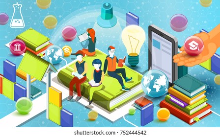 Reading people.  Educational concept. Online library. Online education isometric flat design on blue background. Vector illustration