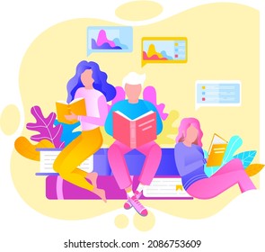Reading people flat character set with books magazines literature isolated vector illustration. Young male and female readers dressed in trendy clothes relaxing at home with books or textbooks