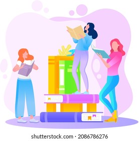 Reading people flat character set with books magazines literature isolated vector illustration. Young male and female readers dressed in trendy clothes relaxing at home with books or textbooks