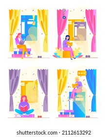 Reading people flat character set with books magazines literature isolated vector illustration. Young male and female readers dressed in trendy clothes relaxing at home with books or textbooks