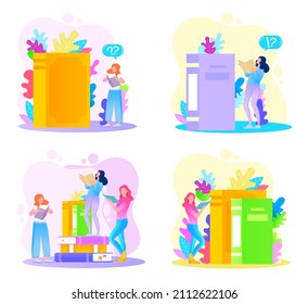Reading people flat character set with books magazines literature isolated vector illustration. Young male and female readers dressed in trendy clothes relaxing at home with books or textbooks