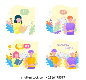 Reading people flat character set with books magazines literature isolated vector illustration. Young male and female readers dressed in trendy clothes relaxing at home with books or textbooks