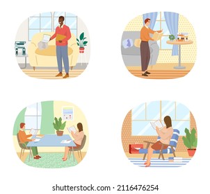 Reading people flat character set with books magazines literature isolated vector illustration. Young male and female readers dressed in trendy clothes relaxing at home with books or textbooks