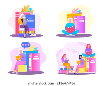 Reading people flat character set with books magazines literature isolated vector illustration. Young male and female readers dressed in trendy clothes relaxing at home with books or textbooks