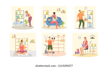 Reading people flat character set with books magazines literature isolated vector illustration. Young male and female readers dressed in trendy clothes relaxing at home with books or textbooks