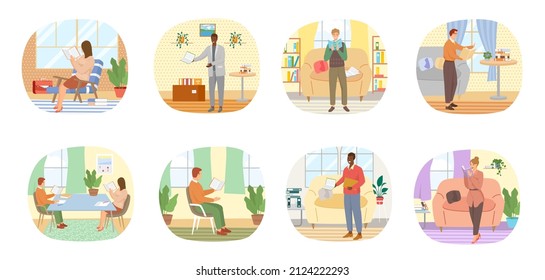Leer a la gente conjunto de caracteres planos con libros revistas literatura aislado ilustración vectorial. Lectores hombres y mujeres jóvenes vestidos con ropa de moda relajándose en casa con libros o libros de texto