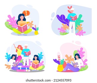 Reading people flat character set with books magazines literature isolated vector illustration. Young male and female readers dressed in trendy clothes relaxing at home with books or textbooks