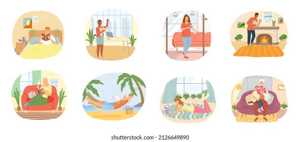 Reading people flat character set with books magazines literature isolated vector illustration. Young male and female readers dressed in trendy clothes relaxing at home with books or textbooks