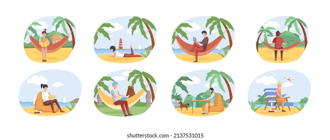 Reading people flat character set with books magazines literature isolated vector illustration. Young male and female readers dressed in trendy clothes relaxing at home with books or textbooks