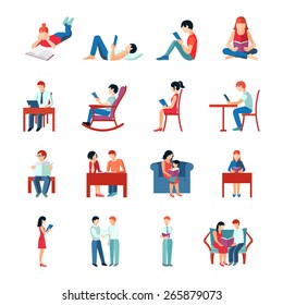 Reading People Flat Character Set With Books Magazines Newspapers Isolated Vector Illustration