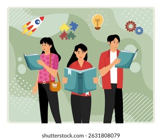 Lendo pessoas. Grupo de Jovens lendo livros em meio a símbolos de fundo criativos, representando aprendizagem, inovação e trabalho em equipe em um ambiente educacional moderno.
