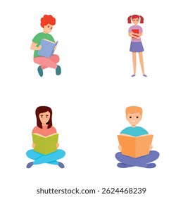 Ler ícones de pessoas define o vetor de desenhos animados. Personagem masculino e feminino lendo livro. Educação, hobby
