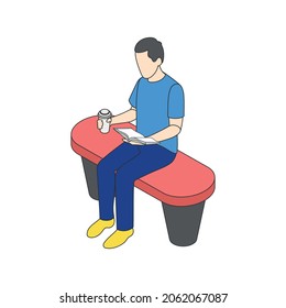 Reading people isometric composition with male character reading book sitting on bench vector illustration