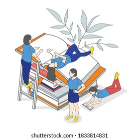 Reading people isometric composition with stack of closed and open books with small reading human characters vector illustration