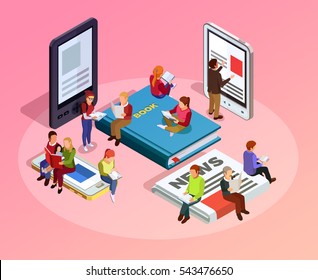 Reading people isometric composition women men and family sitting on books newspapers and read vector illustration