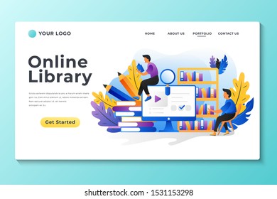 Reading people landing page. Characters with books concept, e-book reading and online studying. Vector illustration school and university library flat design banner for students education