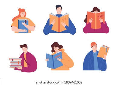 Reading people. Modern young men and women with a book in their hands. Vector set in flat cartoon style isolated on white background