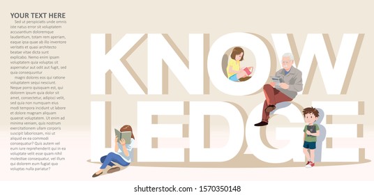 Reading people or novel fans. old man  and girls with books, readers, isolated on light brown background. Modern flat cartoon colorful vector illustration with sample text.