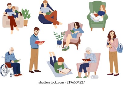 Reading people set. Collection of literature lovers with book vector flat illustration. Reading men and women, disabled, old-aged, students reader, preparing for the exam, isolated on white