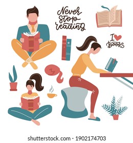 Reading people set on white background. Man and woman hold a book in their hands. Human character learning concept. Flat vector illustration