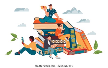 Reading people sit on big books.Young men and women with storybooks,leaves and clouds.Readers concept.Male and female characters in different poses.Vector cartoon flat illustration isolated on white.