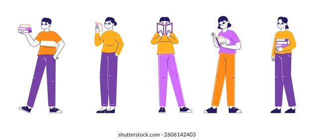 Reading people. Studying, reading book lovers, woman and man with books, book readers, literature fans and library visitors flat vector illustration set. Reading characters on white