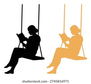 Reading person on swing, silhouette figure, textured orange leisure activity