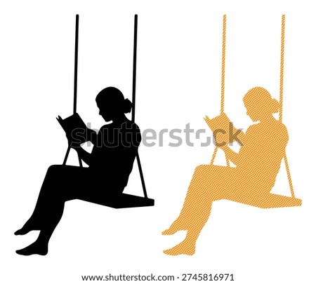 Reading person on swing, silhouette figure, textured orange leisure activity