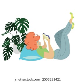 Reading position girl, woman lying on the floor reading a book next to a plant.