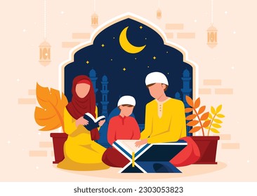 Reading Quran concept vector illustration. In Muslim religious tradition, parents and kids read Quran together, everyday ritual, faith, and belief, Islamic holy book abstract metaphor
