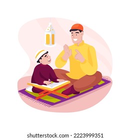 Reading Quran isolated cartoon vector illustration. Muslim religious tradition, father and kid read koran together, everyday ritual, faith and belief, Islamic holy book vector cartoon.