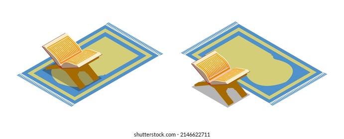 Reading Quran. Set of quran and prayer rug. 3D isometric view. Ramadhan, Eid, Hajj, Muharram idea. Isolated vector for presentation, infographic, website, apps and other uses.