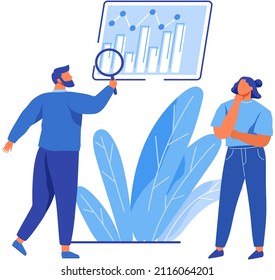 Leyendo informe, concepto de encuesta. Hombre con lupa buscando información en un documento de texto. El empleado analiza la duración del contrato. Analizar el lanzamiento de los datos del nuevo proyecto de negocio. Comprobar los datos de inicio