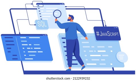 Reading report, survey concept. Man with magnifying glass looking for information in text document. Employee analyzes term of contract. Analysis data launch of new business project. Check startup data