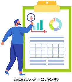Leyendo informe, concepto de encuesta. Hombre con lupa buscando información en un documento de texto. El empleado analiza la duración del contrato. Analizar el lanzamiento de los datos del nuevo proyecto de negocio. Comprobar los datos de inicio