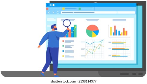 Reading report, survey concept. Man with magnifying glass looking for information in text document. Employee analyzes term of contract. Analysis data launch of new business project. Check startup data